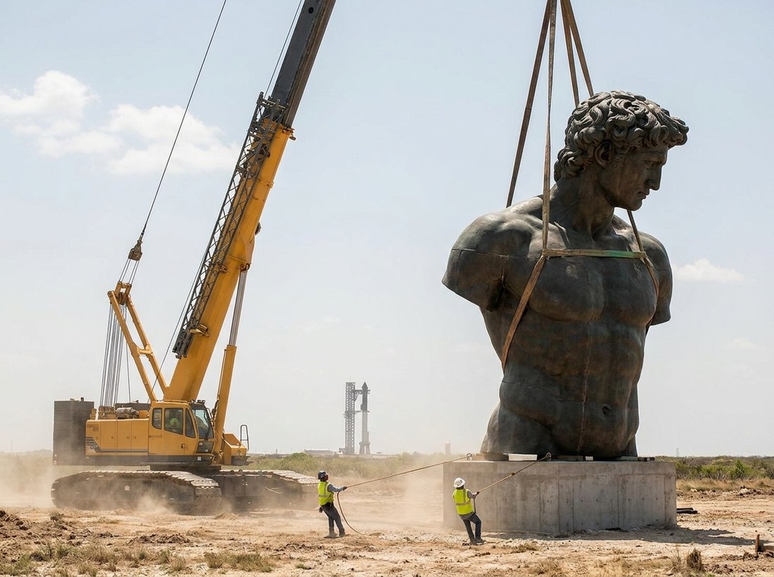A crawler crane lifting the bronze torso section onto its plinth in Texas scrubland
