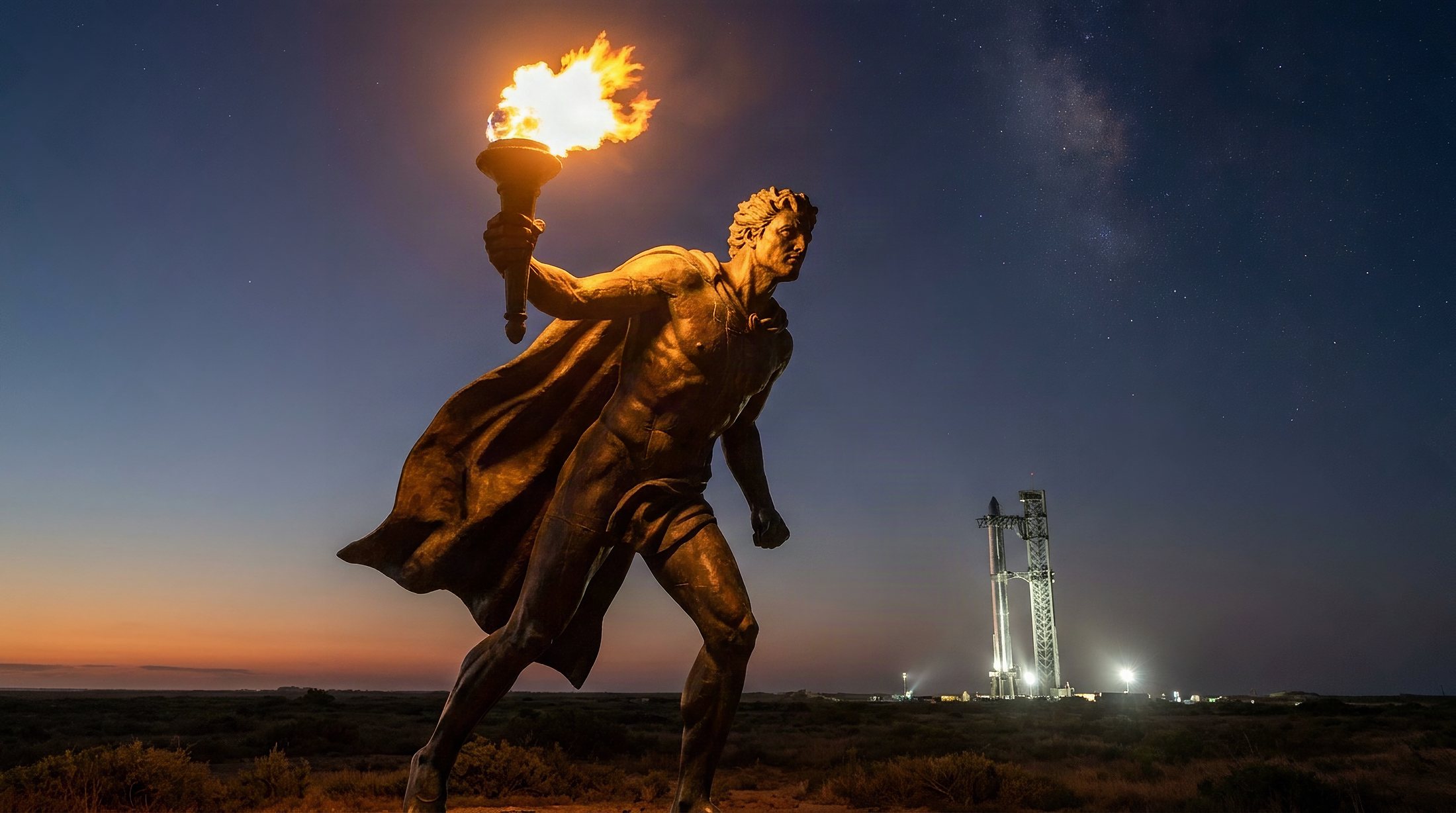 A 50-foot bronze statue of Prometheus holding a burning torch, standing on Texas coastal flats with a stainless rocket on its launch mount in the distance